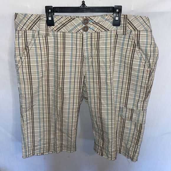 Be Bop Bermuda Shorts Women’s Sz 16 Beige Brown Striped Distressed Hem Pockets - Picture 1 of 13
